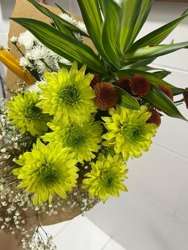 Arranjo com crisântemos verdes
