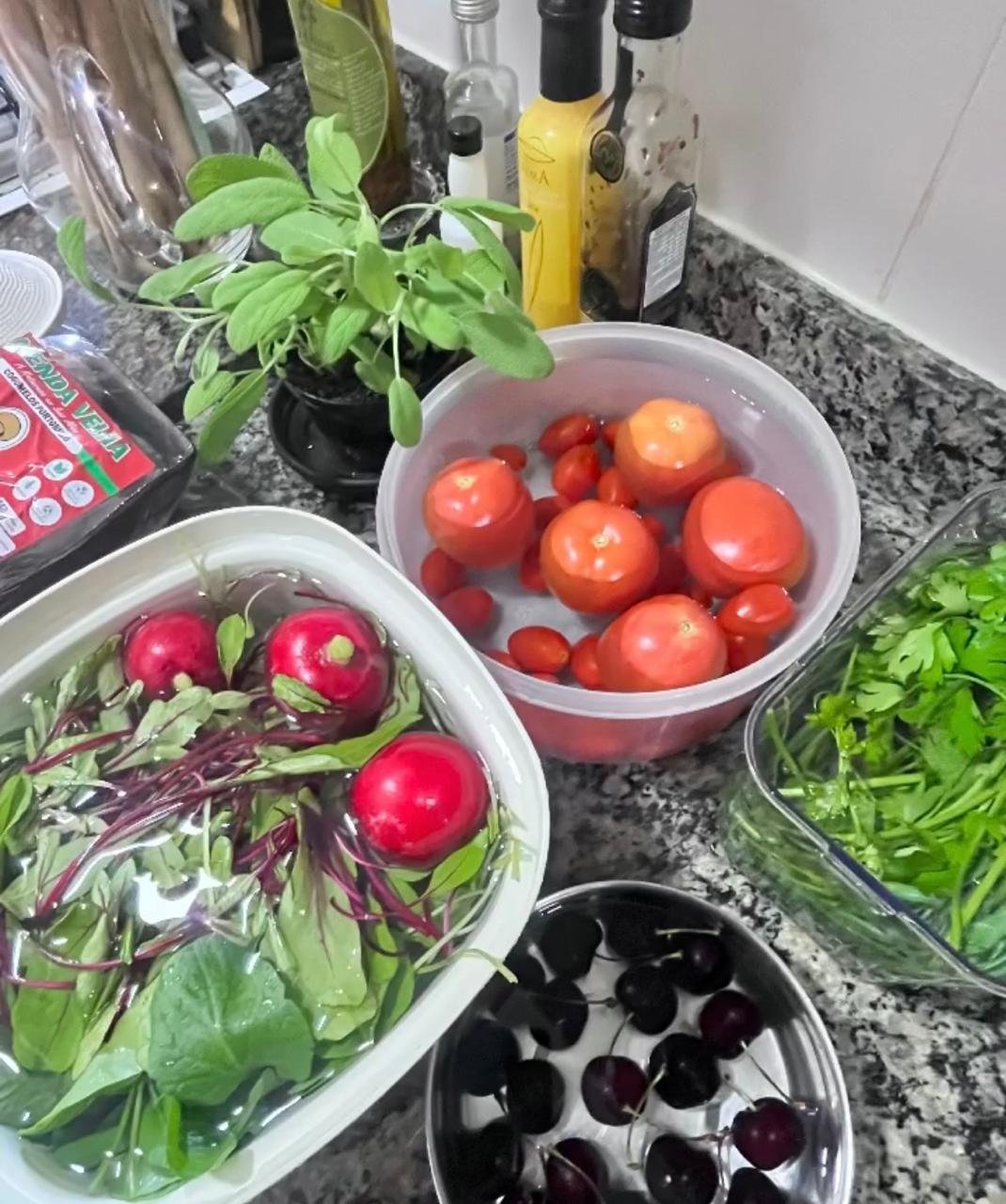 Legumes, tomates, beterrabas e ervas sendo organizados e higienizados
